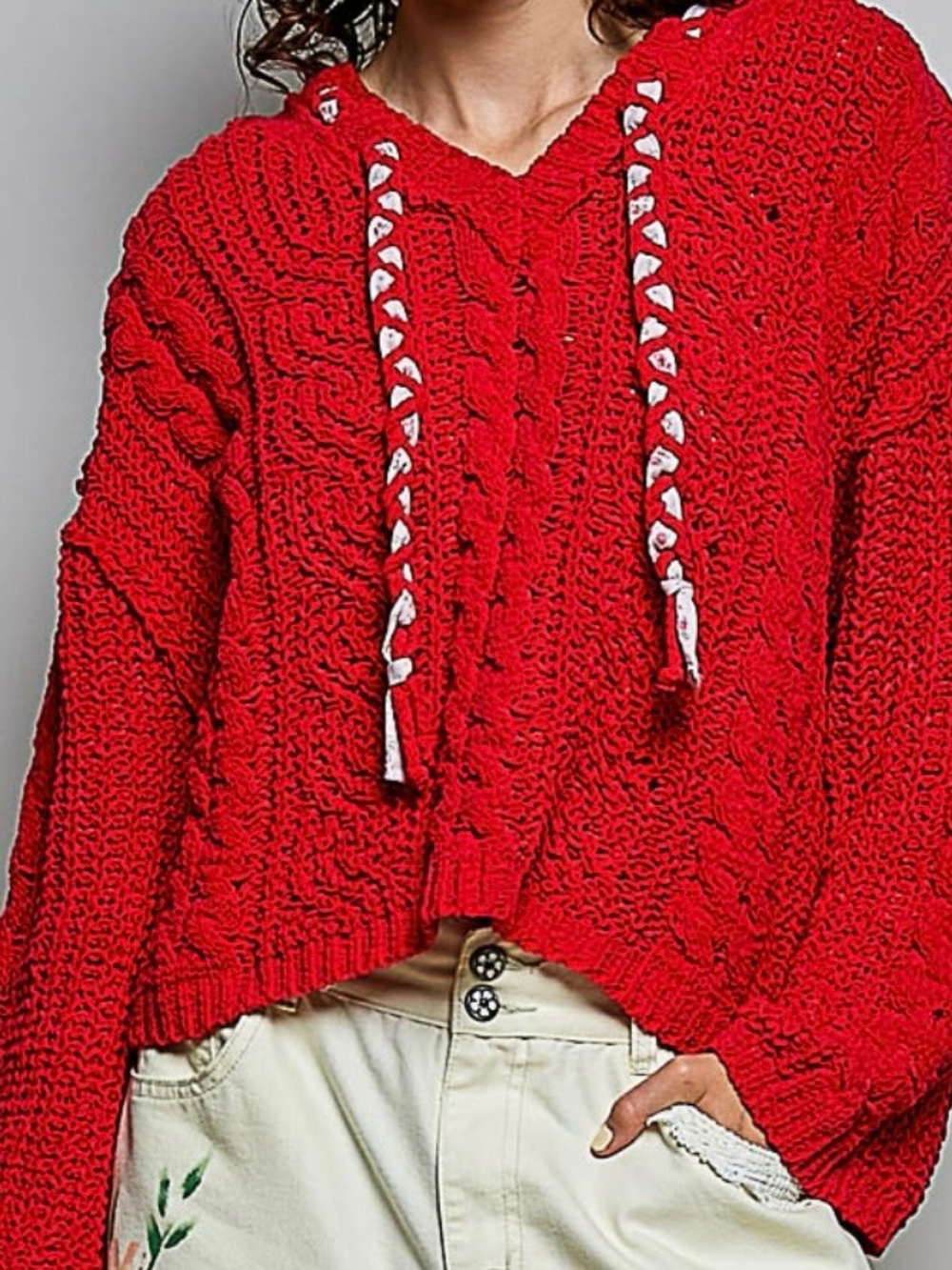 POL Cherry Red Knit Cover-Up Sweater with Pink Braid Accents Medium